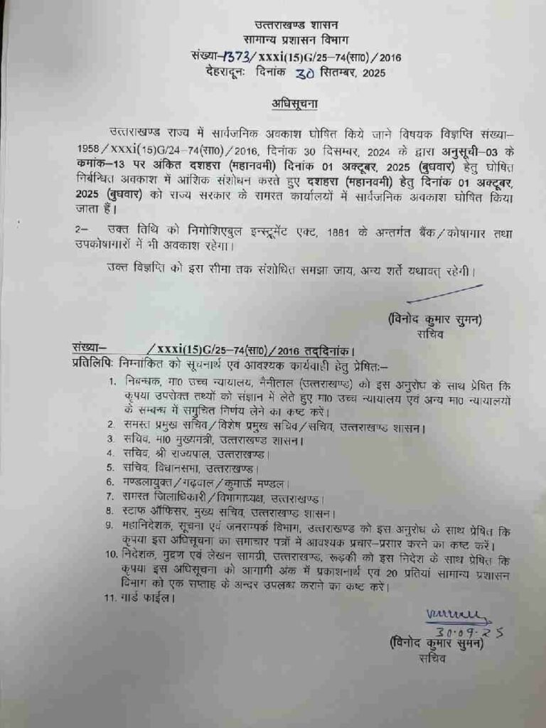 1 अक्टूबर महानवमी को प्रदेश में सार्वजनिक अवकाश की घोषणा, आदेश जारी